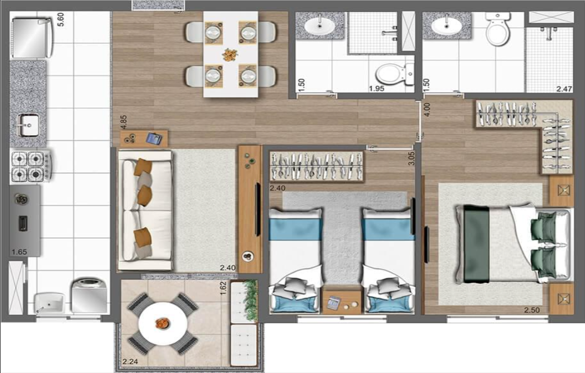 Planta 58 m² · 2 dormitórios